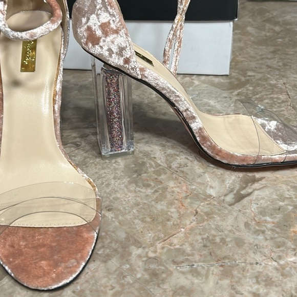 Qupid pink crushed velvet 4” square glitter heels. Clear ,sheer at toes,EC ,box - Picture 2 of 12